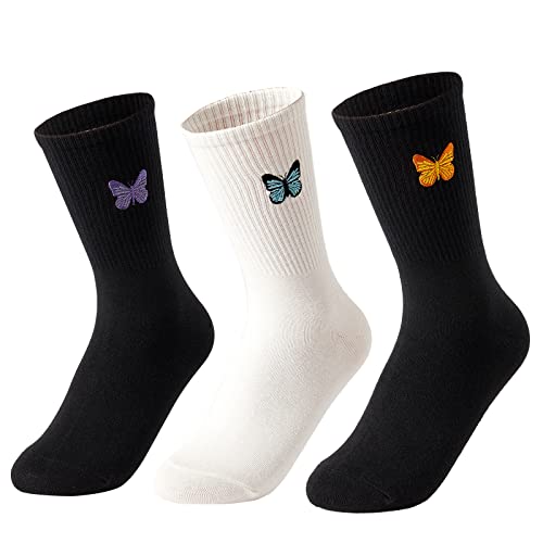 Image of Womens Calf Socks Embroidery Crew Socks Casual Dress Socks Cute Butterfly Socks For Girls 3 Pairs