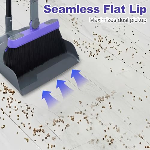 Image of Broom and Dustpan Set for Home, Long Adjustable Handle Broom with Stand Up Dustpan, 180 Degree Rotating Broom Head & Comb Teeth - Indoor Sweeping Combo for Kitchen Lobby Floor Office