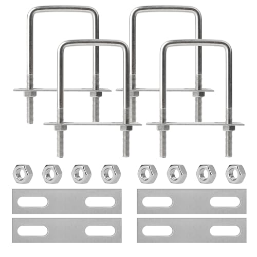 4 Piezas Pernos U M8, 60 x 120 mm Perno Cuadrado en U de Acero Inoxidable, Pernos Forma U M8, con 8 Tuercas y 4 Placas de Estructura, para Plomería, Instalación Solar Fija, Tracción de Automóviles