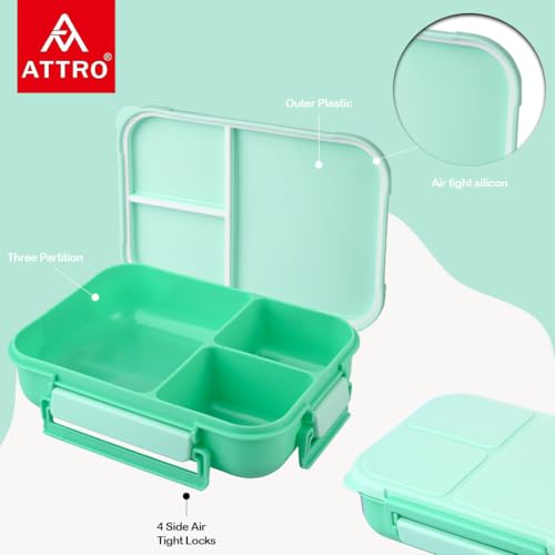 Image of ATTRO Gourmet 3 Compartment Lunch Box Portable Meal Organizer for Office, School BPA-Free, Food Grade Freezersafe, Microwave & Oven Safe 1700ml Mint Green, Plastic