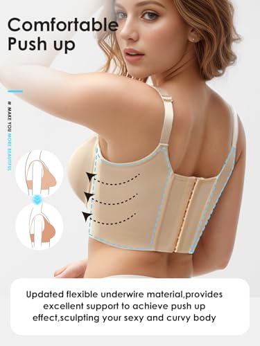 JishinGal Women’s Push Up Bra Full Coverage Seamless Underwire Hide Back Fat, Wide Straps, Smooth Uplift T-Shirt Bra3