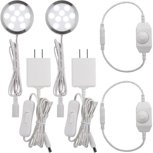 Image of Under Cabinet Light 2.5 inch, Single LED Puck Light for Kitchen Counter Collection Display Lighting, Dimmer Switch, 120VAC Plug in, White Cord, 2 Packs, Cool White