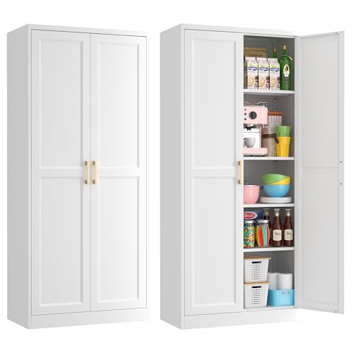 Kubohogar 71' Tall Metal Pantry Cabinet, White Kitchen Pantry Storage Cabinet with 4 Adjustable Shelves and Gold Handles, Cupboard for Kitchen, Dining Room, Living Room, Bathroom
