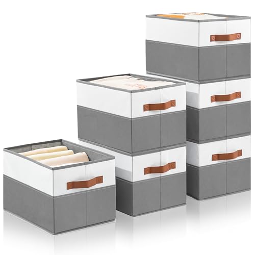 Euct 6 Pack Large Storage Bins with Handle,Collapsible Storage Basket for Shelves,Fabric Closet...
