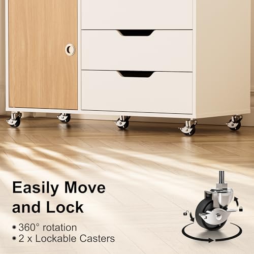 Image of 5 Drawers Mobile File Cabinet with Door, Rolling File Cabinet Printer Stand Table Craft Storage Cabinet, Under Desk Wooden Filing Cabinets for Home Office Essentials Storage Organization Furniture