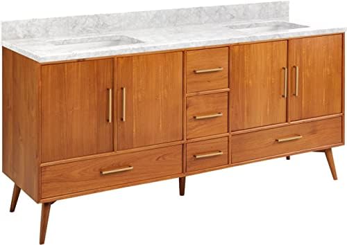 Signature Hardware 953363-72-RUMB-0 Novak 72" Freestanding Teak Double Basin Vanity Set with Cabinet, Vanity Top, and Rectangular Undermount Sinks - No Faucet Holes - Teak/Carrara Marble