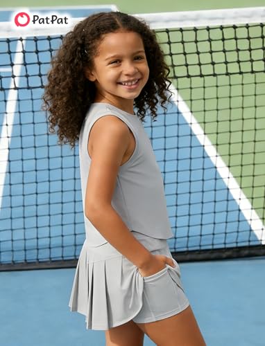 Image of PATPAT Girls Tennis Skirt Sets Moisture Wicking Tank Tops and Pleated Skirts 2 Piece Outfits Activewear Sets 5-12 Years