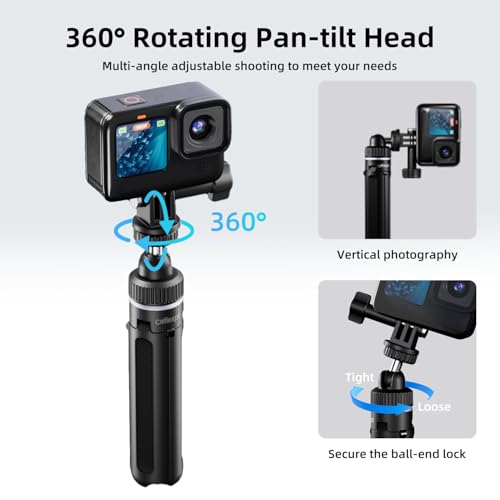 Image of Celfiexpt Portable Action Camera Tripod with 1 /4 inch Screw & Adapter Mount for GoPro Hero 13 /12 /11 /10 /MAX - 40cm Extendable Adjustable 360 Ball Head | Aluminum Stand for Insta360 X & Cameras