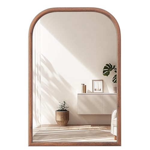 Image of 20"x30" Arch Wall Mirror Bathroom Mirror for Wall Mounted, Tempered Glass, Wood Grain Finish Frame Wall Mirror Decorative for Living Room Bedroom Entryway, Walnut