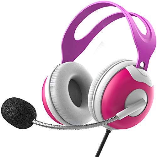 Thore Kids Headphones with Microphone (Over Ear) Headset with Boom Mic + Volume Control for Girls, Online School (Pink)