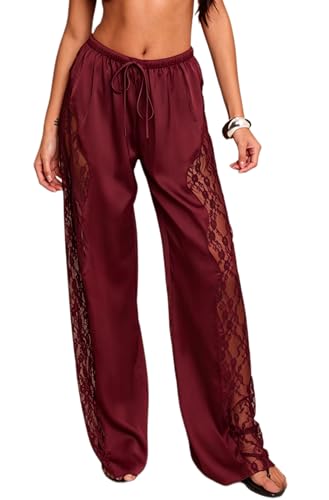 Chvity Women's Satin Lace Wide Leg Pants - Sheer Flowy Elegant Trousers for Party Night Out Wine Red