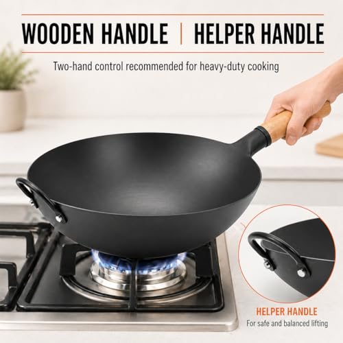 Image of WANGYUANJI 14.2 Inch Round Bottom Carbon Steel Wok, Nitrided Iron Chinese Stir Fry Pan for Gas Wok Burner, Wok Ring Needed for Flat Gas Grates, Wooden Handle