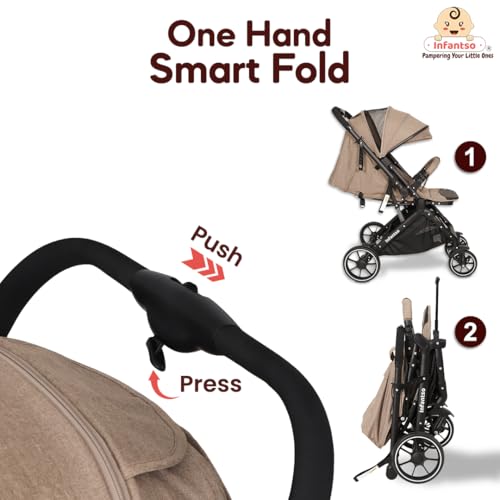 Image of Infantso GlideX Premium Baby Stroller / Pram, Reversible Handle, One-Hand Fold and 360 Rotating Wheels,, Travel Friendly, 5 Points Safety Harness, Extendable Canopy, Multilevel Recline, Adjustable Footrest, Easy Fold, Shock Absorption Wheels, for babies 0 to 3 years ( Khaki )
