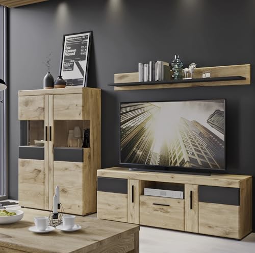 möbelando Wohnwand >Grano< (3-teilig) in Viking Eiche Dekor - 259x170x41 (BxHxT)