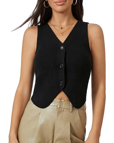 Women Y2k Knit Vest Top Sleeveless V Neck Hollow Out Open Front Button Down Crochet Knit Tank Vest Streetwear