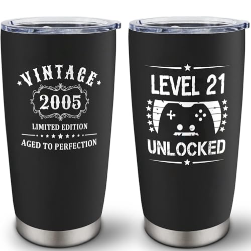 Louasedh 21st Birthday Gifts for Him, Gift for 21 Year Old Male, 21 Year Old Birthday Gifts for Men, Vintage 2005 Cheers To 21 Years, Turning 21 Bday Gift for Boy 20oz Tumbler