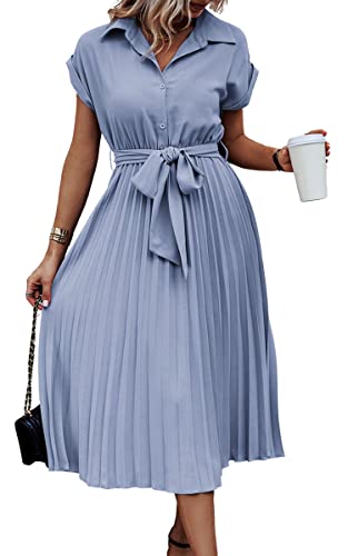 Image of ECOWISH Womens Casual Midi Dresses Solid V Neck Short Sleeve Button Shirt Belted Dress with Pockets for Spring Summer 2026