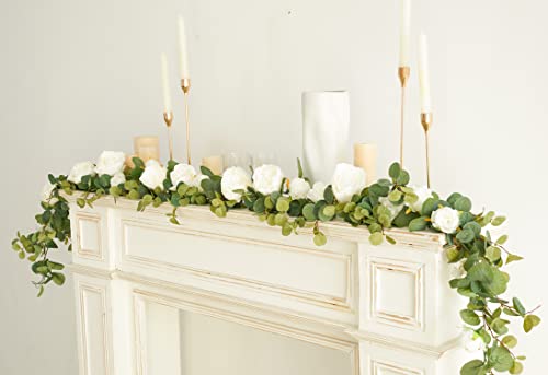 2Pcs Misspin Eucalyptus Garland With Flowers, 11 Lovely Flowers, Artificial Eucalyptus And Rose Garland Decor, Floral Garland Greenery Garland For Wedding Table Decor (White) #TOP6