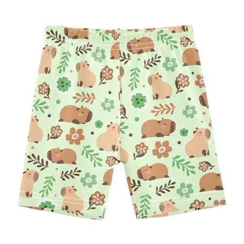 Cute Capybara Green Flowers Girls Shorts Elastic Waist Sports Shorts Girls Leggings Pants for 4-10 Years