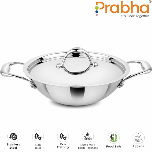 Image of Prabha Prima Kadhai Flat Bottom with Lid, Stainless Steel, Kitchen Kadhai, 18cm, 1.4L, Induction & Non Induction Base, 60 Months Warranty
