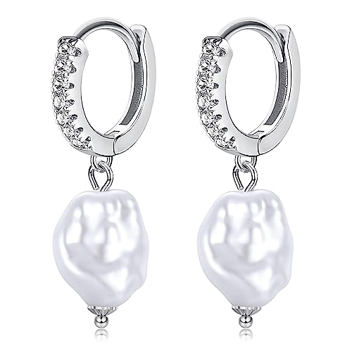 ORAZIO Pendientes de Perlas de Agua Dulce de Plata de Ley Pendientes de Aro Pequeños Huggie Leverback AAAA+ Zirconia Cúbica Pendientes Colgantes Hipoalergénicos para Regalo Ideal Mujer