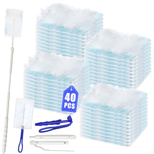 42 Pièces Plumeau Poussiere Recharge Kit Compatible avec Swiffer Plumeau Poussiere, Duster Kit avec 1 Guidon Long et 1 Guidon Court, Recharges Plumeau Duster,...