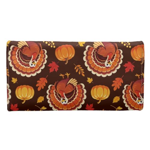 Image of AFPANQZ PU Leather Women's Wallet Long Spacious Trifold Design Card Slots | Turkey Pumpkin Print Soft Leather Trifold Large Capacity Ladies Travel Purse Dust Resistnt Wallet, Fall Decor