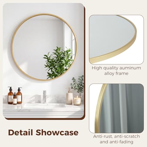 Image of Sweetcrispy 24 Inch Round Wall Mirror, Bathroom Mirrors for Over Sink, Matte Metal Framed Circle Vanity Mirror, Wall Decor for Bedroom, Entryway, Anti-Rust, Tempered Glass, Hanging or Leaning, Gold