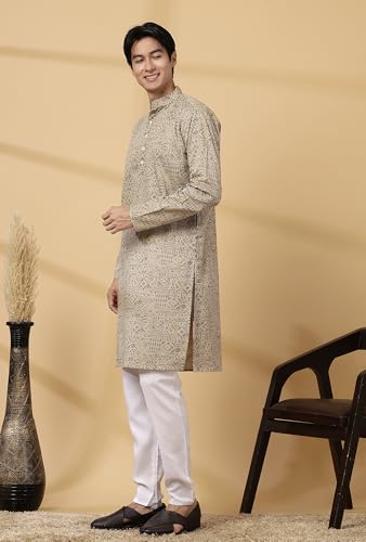 Image of Majestic Man Men's Cotton Regular Fit Casual Mandarin Collar Ethnic Motifs Printed Long Regular Kurta