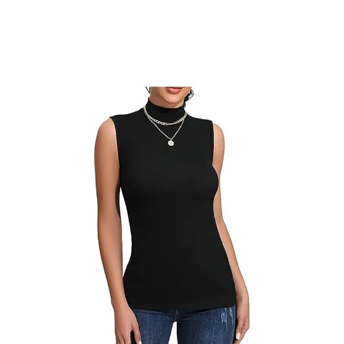 Prime Fashions Ladies Turtle Neck Sleeveless Stretch Plain Polo Top, S-M, Black - Image 2