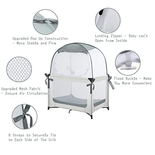 L Runnzer Baby Pack N Play Tent, Baby Crib Safety Tent To Keep Baby From Climbing Out, Baby Crib Canopy For Pack N Play, Mini Cribs & Playpens, Pop Up Design & See-Through Mesh #TOP2