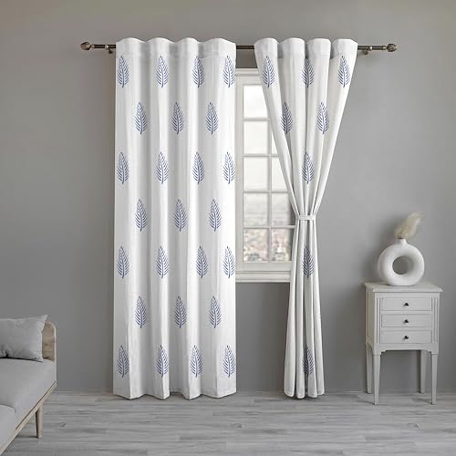 Image of LINENWALAS Cotton Curtains Set Of 2, Canvas Window Curtains Home DaCor, Hangs Elegantly With Back Loops (4.5X5 Ft, Blue Leaf)(Lined)