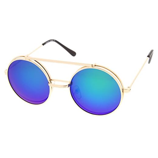 zeroUV Mid Size Flip-Up Colored Mirror Lens Round Django Sunglasses 49mm (Gold/Green-Blue Mirror)