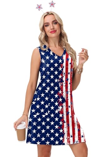 Image of Deerose Womens July 4th Sleeveless Dress American Flag Swim Cover Up Dress with Pockets