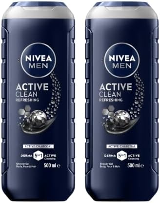 NIVEA MEN Active Clean Shower Gel 500ml | With Active Charcoal to Revitalise Skin | Men's 3-in-1 Body Wash for Body, Face & Hair | Gentle Cleanser | Lasting Freshness (Pack of 2)
