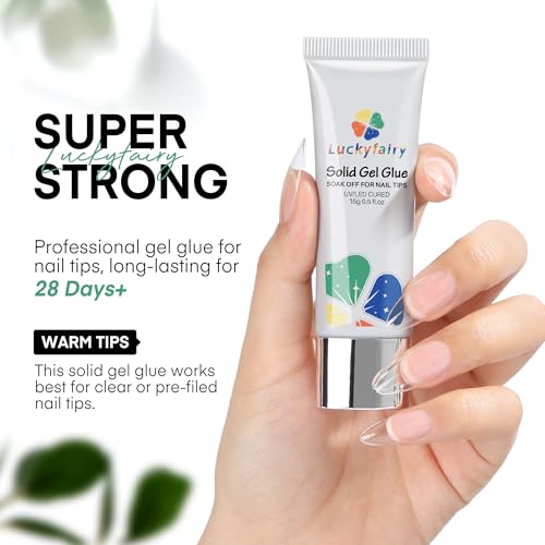 Luckyfairy Soft Gel Nail Tips Glue, 15ml Solid Nail Glue Gel Solid Soak Off Glue Super Strong Nail Glue U V Cured Needed Acrylic Nail Gel for Nails Extension Fake Nails Press On Nails