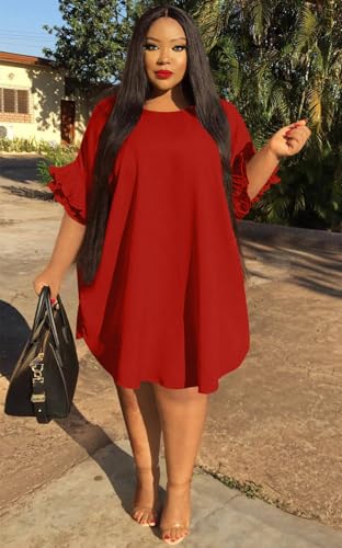 Image of Ekaliy Women's Casual Vintage Ruffle Sleeve Loose Party Midi Plus Size Dress Casual Summer
