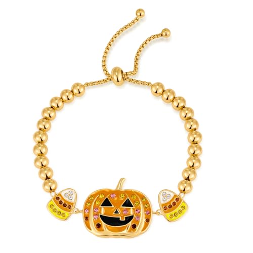 WOWORAMA Halloween Bracelets for Women Cute Halloween Pumpkin Bracelets Adjustable Slider Beaded Bangle Bracelet Crystal Candy Corn Pumpkin Charm Bracelets Happy Halloween Jewelry