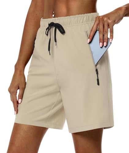 DIBAOLONG Women’s 7” Hiking Shorts Quick Dry Lightweight Athletic Gym Running Bermuda Shorts for Women with Pockets Light Khaki L