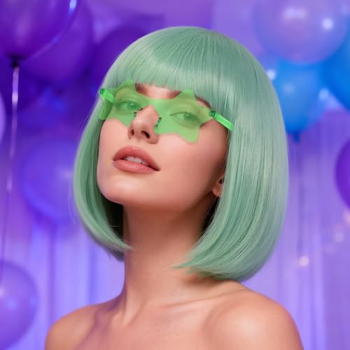 Image of ANOGOL Mint Green Bob Wig with Bangs Green Wigs for Women Colored Wigs | Hair Cap+ Sunglasses Short Neon Wig for Bachelorette Party Funny Outfit for Women Halloween Christmas Costume St Patrick Day