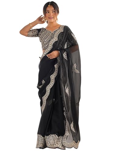 Image of Satrani Women's Tissue Silk Sequin Embroidery Scalloped Border Saree with Unstitched Blouse Piece