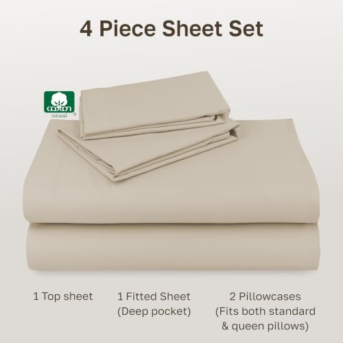 Image of Natural 100% Cotton Queen Sheets Set, Soft, Durable Sateen, Butter | Good Housekeeping Seal, Lightweight, Breathable, For Hot Sleepers, 4pc Set, 14 inch Deep Pockets, All-around Elastic, OEKO-TEX