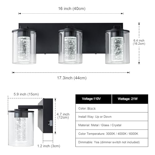 Image of SineRise Bathroom Vanity Light with 3 Color Modes (3000K /4000K /6000K), Eye Protection LED Bathroom Light Fixture, Dimmable Modern Wall Light Over Mirror with Clear Glass Shade (Black, 3-Light)