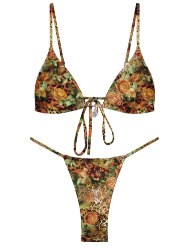 Image of OWICA Women's Sexy Triangle Bikini Sets Cheeky Thong Swimsuit Adjustable Spaghetti Straps Bathing Suit