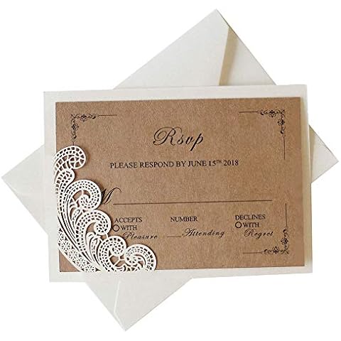 Picky Bride 50 Pcs Rustic RSVP Cards with Return Envelopes, Wedding Invitations Response Cards for Wedding, Ivory Pearl Laser Cutting Lace Covers with RSVP Cards - Set of 50 Cover