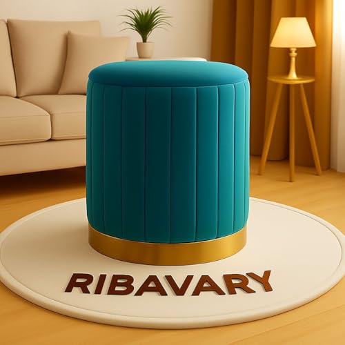 Image of Round Velvet Luxurious Storage Ottoman, Pouf with Storage Vanity Stool Chair,Upholstered Foot Rest Stool with Gold Strip Base for Living Room or Bedroom (Sky, Medium- 36Dx36Wx40H)