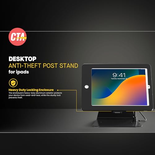 Image of Desktop Anti-Theft Stand - CTA Kiosk Stand with Stylus, Tether, and Aluminum Enclosure for iPad (Gen 2-6), Air (Gen 1 & 2), & Pro 9.7 - Black (PAD-DASB)