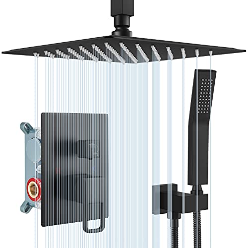gotonovo 12 Inch Rain Shower Shower System Set Matte Black Ceiling Mount Shower Head with Handheld Spray Luxury High Pressure Shower Combo Set Rough-in Valve and Shower Trim Included Dual Function