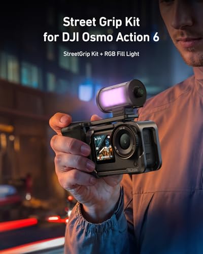 Image of TELESIN Aluminum Alloy Grip Kit for DJI Action 6 with Metal Protective Cage & Magnetic RGB Video Light, Portable LED Camera Light with Diffuser, CRI 95+, Cold Shoe Mount