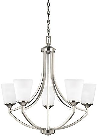 Sea Gull Lighting 3124505-962 Hanford Five-Light Chandelier With Satin Etched Glass Shades, 10" x 27.63" x 27.63", Brushed Nickel Finish